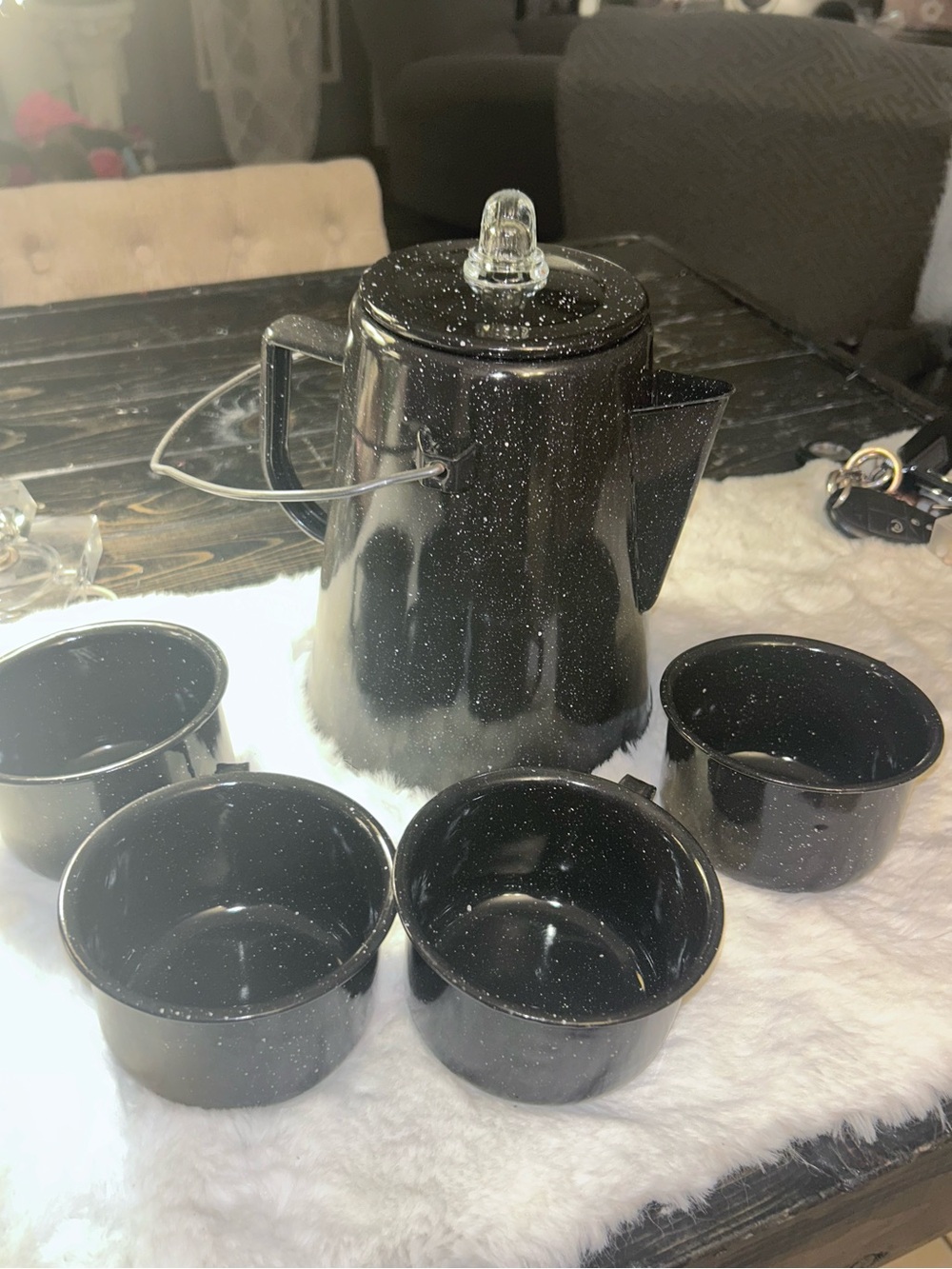50%offw❤️ Black speckled enamel coffee pot & 4 mugs camping hiking little rusty